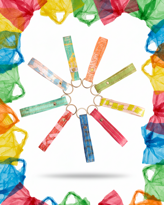 Handcrafted recycled plastic keychain made from 7 colorful plastic bags, showcasing unique upcycled texture. Perfect sustainable corporate gift and ESG merchandise.